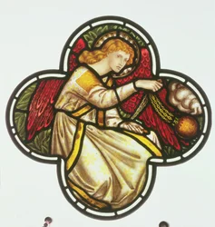 Fenster eines Engels, der ein Weihrauchfass schwingt, hergestellt von der William Morris Fabrik, 1870 (Buntglas)